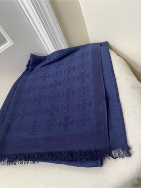 Tory Burch Navy Logo Jacquard Scarf